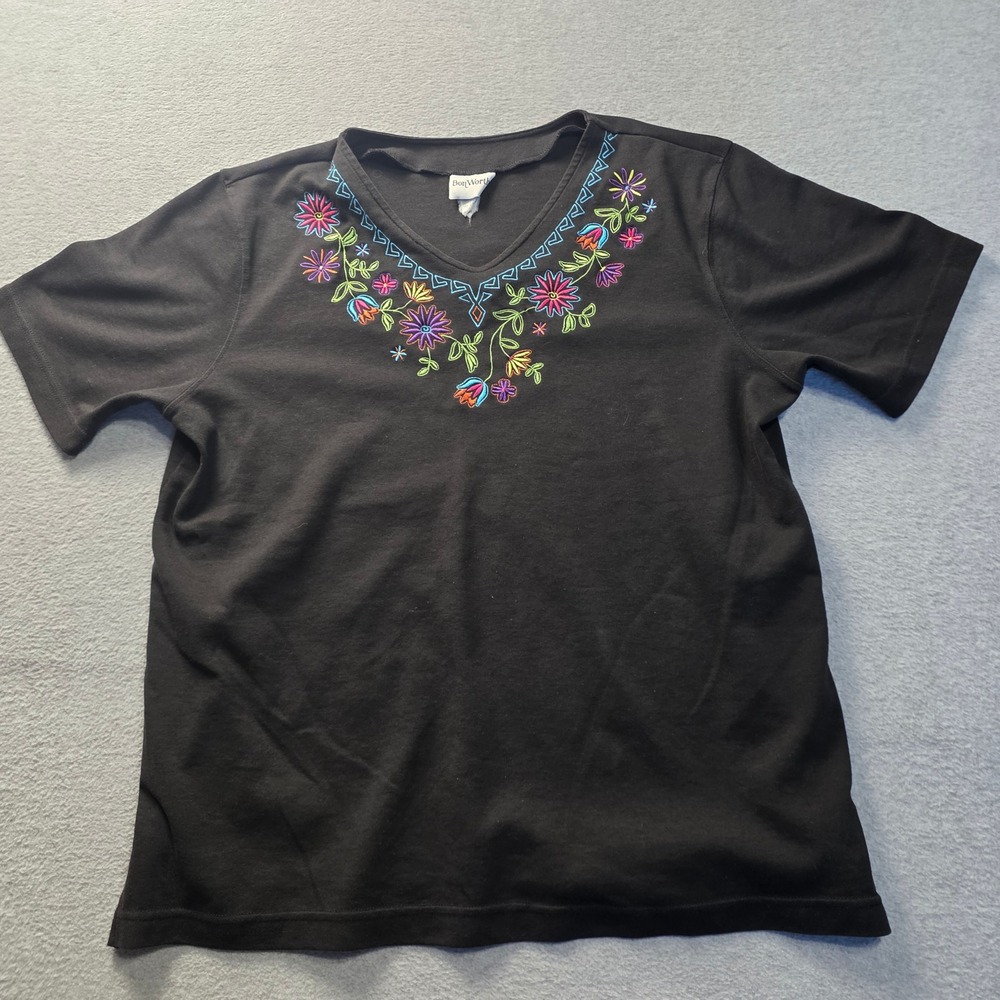 BonWorth Embroidered V Neck Blouse Womens 1X Black Floral Festival Boho Tunic